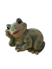 Vintage Flocked Frog Toad Bank Green Coin Bank 9" X 6.25"