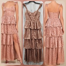 LULUS Stunning Glory Dusty Pink Floral Jacquard Tiered Maxi Dress Size MEDIUM  