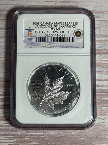 Canada 2008 Maple Leaf S 1 Oz Fine Silver Coin $5 Olympics NGC MS68