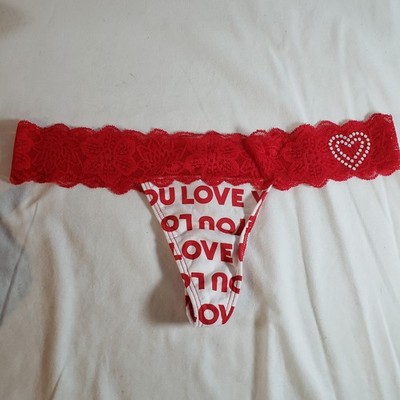 Victoria's Secret Pink Lace Thong Medium Red White LOVE Cotton Blend