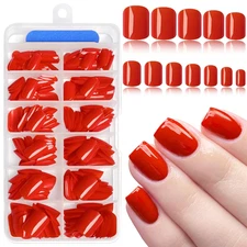 Red Press on Nails Short Square Fake Nails, 240Pc Short Nails Press Ons 12 Sizes