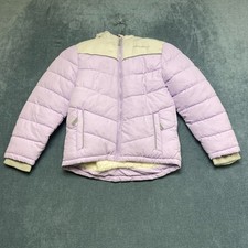 Eddie Bauer Puffer Jacket Girls 6 Pink Yellow Sherpa Lined Hooded Full Zip Cozy