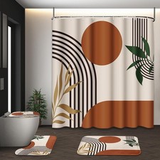 Boho Mid Century Shower Curtain Set with Toilet Lid Cover and Non-Slip Rugs, Abs