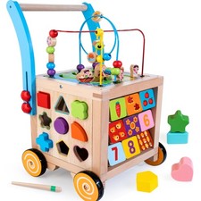 Wooden Baby Walker Baby Push Walker with 9-in-1 Activity Cube, Sit to Stand...