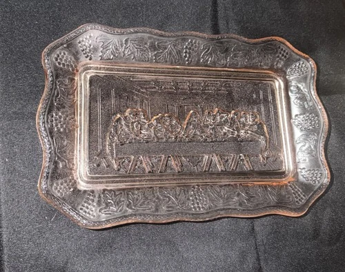 Vintage Tiara Indiana Glass The Last Supper Bread Plate Tray Pink 11 x 7