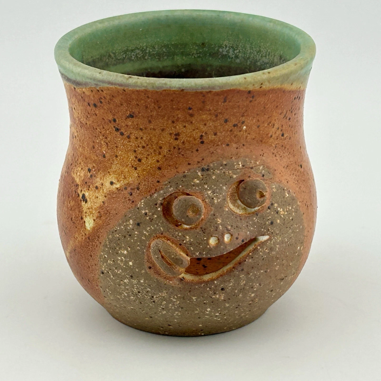 Studio Pottery Stoneware Egg Separator Face Spout Green Rim 2¾″ Signed Cam 15