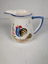 Hand Painted Rooster Ceramic Pitcher Milk Jug 8in Blue Rim Farmhouse Vintage