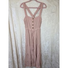Kori America Pink Tiered Midi Dress Button Front Crisscross Back Pockets Medium