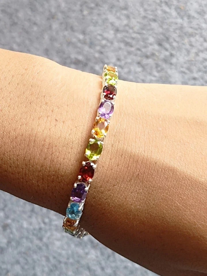 Brazalete tenis mujer zafiro ovalado multicolor de 12 quilates con zafiro creado en laboratorio de plata 925 de 7" Foto 4 de 4