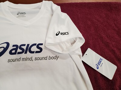 ASICS White running shirt Navy logo V-Neck size Small short sleeve