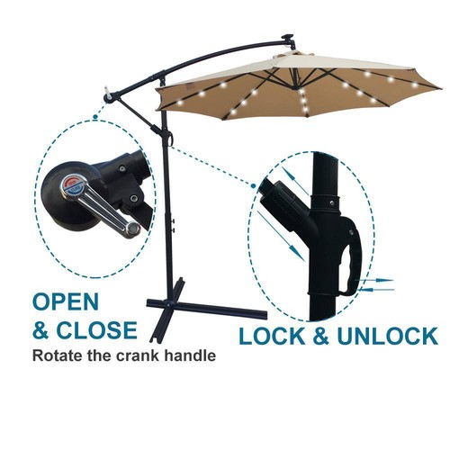 10 ft. Outdoor Patio Beach Market Solar Powered LED Lighted Umbrella in Tan with - Picture 3 of 6