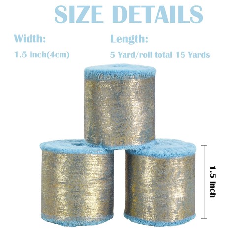 3 Rolls Baby Blue Glitter Chiffon Ribbon 1.5 Inch 15 Yards Gold Silk Frayed R... - Picture 2 of 7