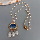 18" Cultured White Pearl Rosary Chain Necklace Blue Kyanite Rice Pearl Pendant