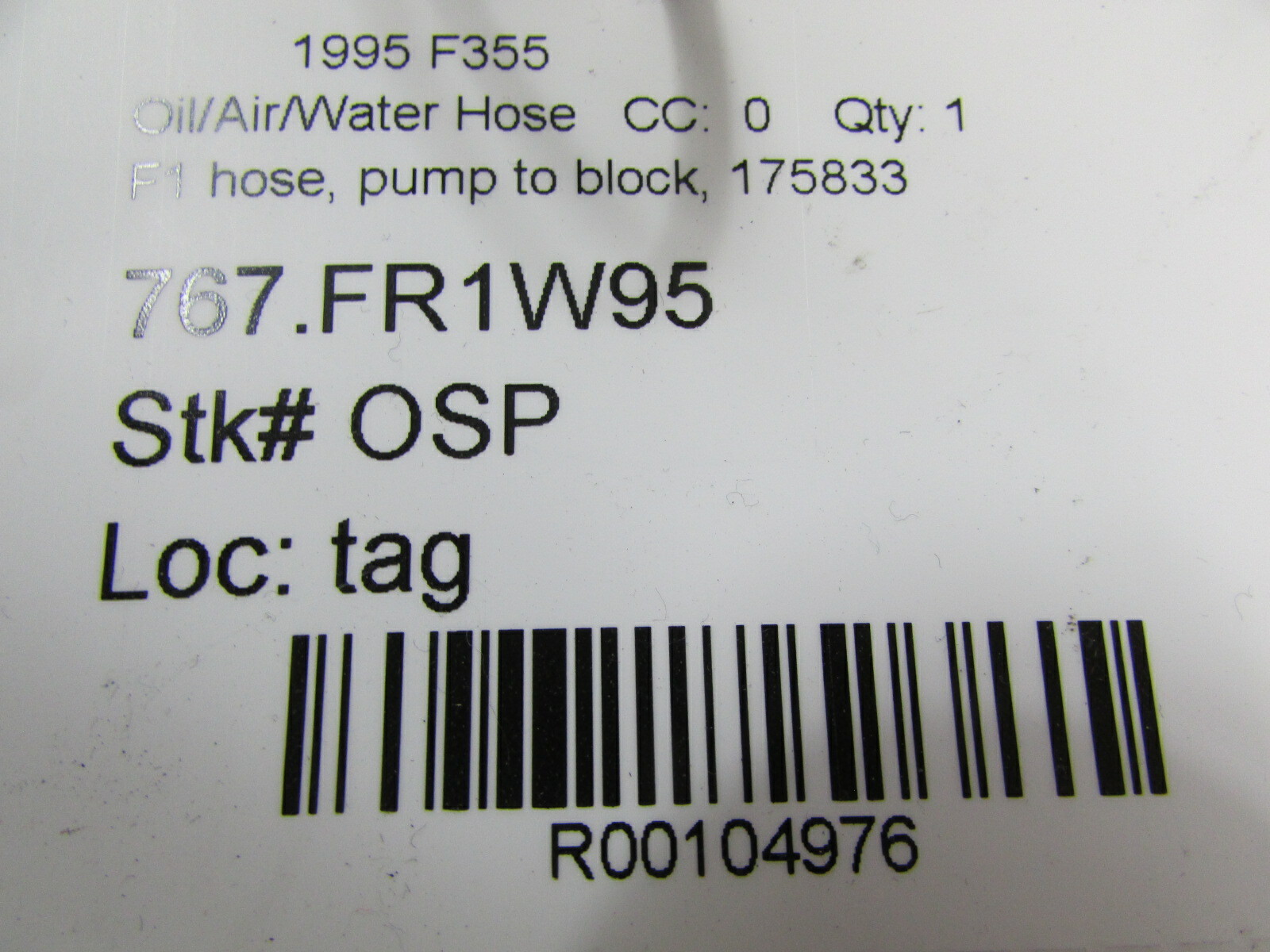 Ferrari F355, F1 Pump To Block Oil Hose, Used, P/N 175833