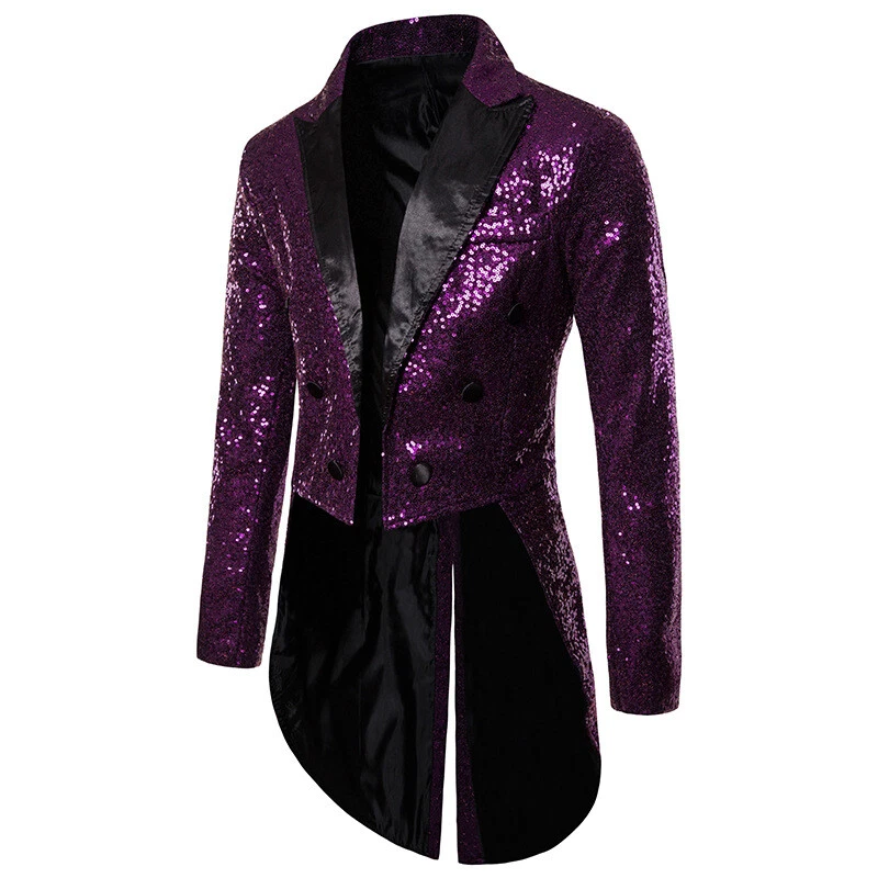Men Sequin Swallow-tailed Coat Jacket Suit Shiny Blazer Banquet Performance Coat