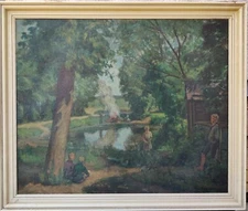 Thorvald Wieben (1892-1968): MIDSUMMER BONFIRE, original oil painting