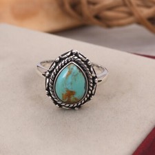 Natural Teardrop Kingman Turquoise Gemstone Ring Sterling Silver Boho Jewelry
