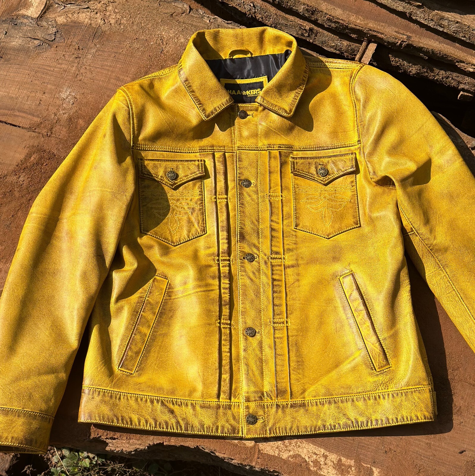 Mens Yellow Distressed Leather Trucker Jacket
