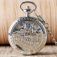 Vintage Roman Numerals Silver Train Mechanical Hand Wind Men Pocket Watch Chain