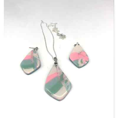 Gorgeous Large Pastel Colored Clay Pendant and Earring Set Silver Plated Chain 