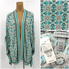 65 New Catherines 0X/1X Green Blue Open Front Kimono Cardigan Top Shirt Womens