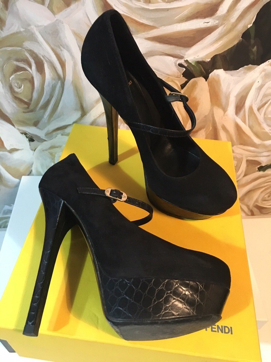 FENDI Heels Platform Pumps Black Suede With Crocodile Leather Size Fit 