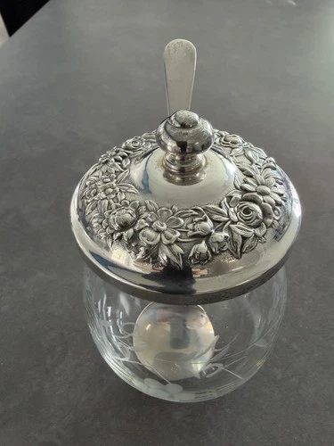 S Kirk & Son Sterling Silver Repousse Lid Etched Glass Jelly Jar W Spoon No Res!