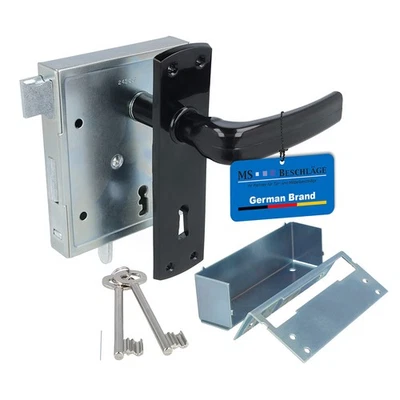 MS BESCHLÄGE Kastenschloss verzinkt mit Kurzschild & Türdrücker schwarz - schließende Falle