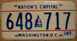 WASHINGTON DC DISTRICT of COLUMBIA LICENSE PLATE 1983 648 717 NATION'S CAPITAL