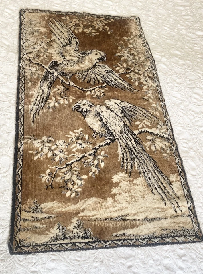 Vintage Parrot Tapestry Wall Art Woven Textile Birds Scenic Brown Tan 21x38 - Image 2 of 4