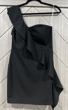 Shinestar Womens Little Black Dress One Shoulder Cross Ruffle Built In Bra NWT L