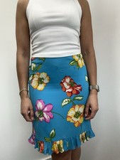 Ralph Lauren Y2K Vintage Blue Silk Floral Ruffle Hem Pencil Mini Skirt Size 2