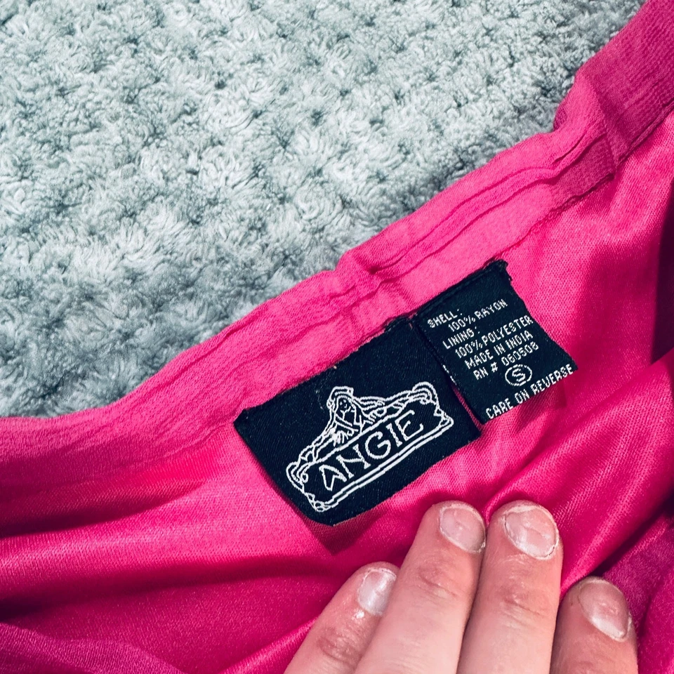 FALDA MIDI VINTAGE RETRO ANGIE'S ROSA CALIENTE Y2K GITANA CON CUENTAS PAISLEY BOHO SEDA S Foto 4 de 4