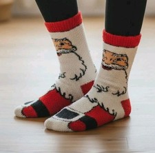 Mens Sz 6-12 Christmas Socks Santa Claus Fuzzy Crew Length