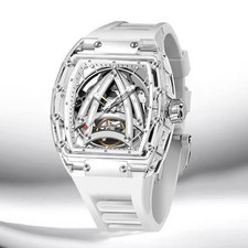 Luxury Skeleton Tonneau Mechanical Watch for Men, Sport Silicone Band