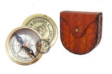 Brass Pocket Sundial Compass Activities Camping Hiking 2 inch with Leather Box S