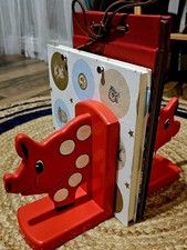 Vintage Wooden Pig Bookends - Red with White Polka Dots-Retro Children's Nursery