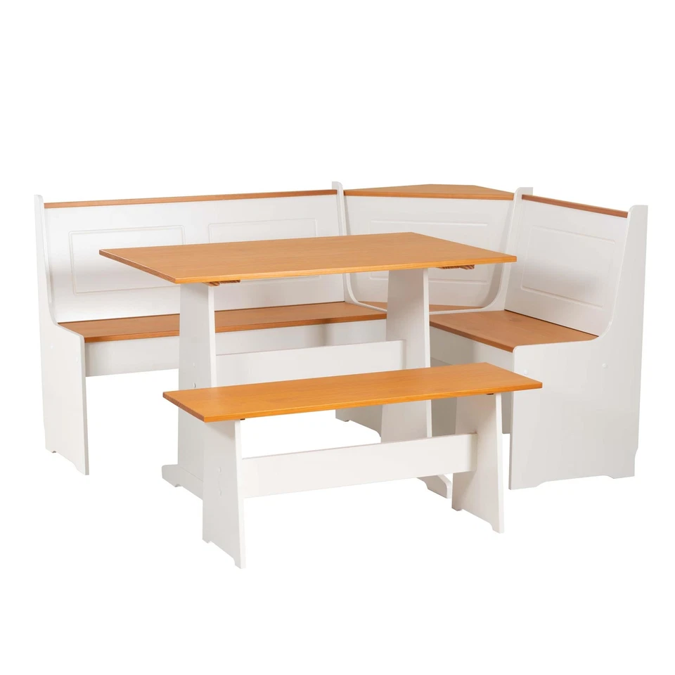 Linon Ardmore Pine Wood Corner Nook Dining Set with Storage in White and Natural - Image 2 of 4