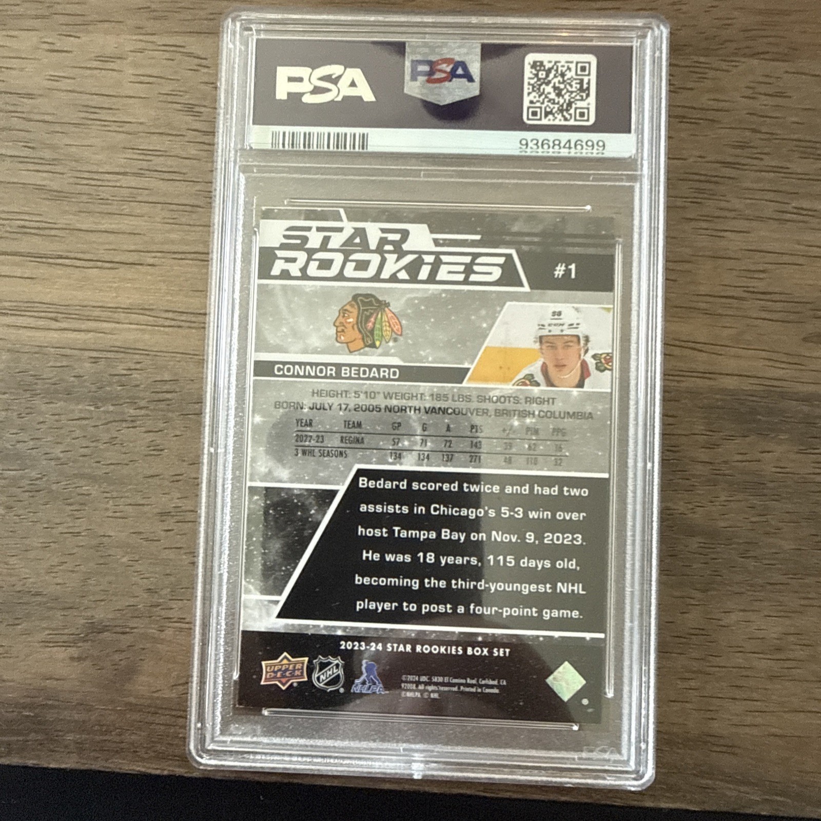 2023-24 Upper Deck NHL Star Rookies Box Connor Bedard RC #1 Blackhawks PSA 9 view 2
