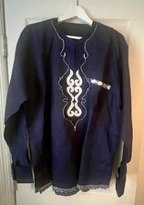 African Dashiki-Style Vintage Navy and White Men s Shirt- Size L