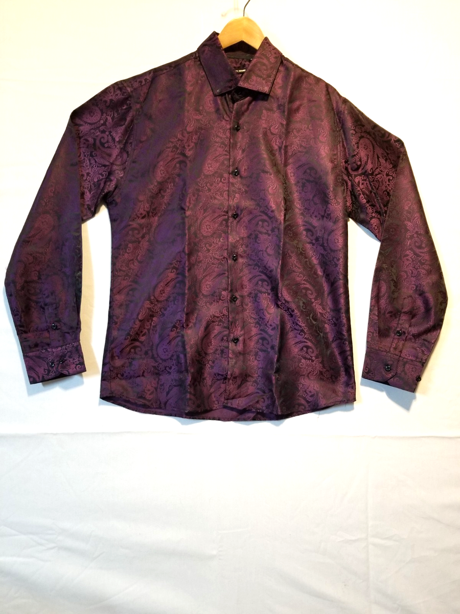 BARRY WANG Mens XL Long Sleeve Dress Shirt Purple Black Paisley 22x30 Point  NWOT
