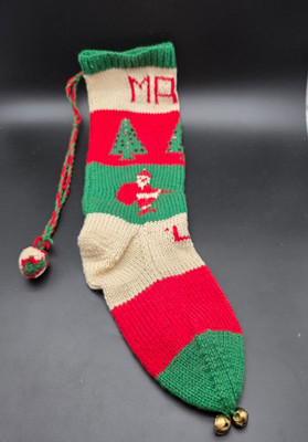 Vintage Hand Knit Christmas Stocking Santa mary 47 Sequins