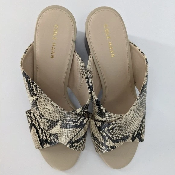 NUEVO SIN ETIQUETAS COLE HAAN Sandalias Mujer 7 Marrón Tostado Cruzado Piel de Serpiente Tacón Zapatos Foto 2 de 4