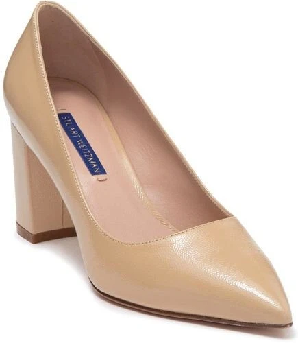 Stuart Weitzman Laney Pumps Pointed Toe Leather Nude Block Heels Shoes Beige 9