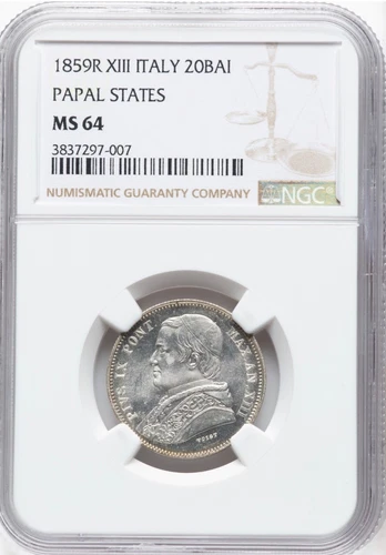 ITALY  PAPAL STATES PIUS IX 1859-R  20 BAIOCCHI SILVER COIN, NGC CERTIFIED MS64