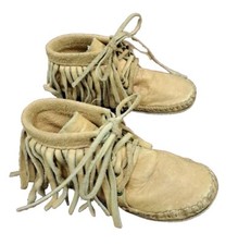 Child's Kid's Tan Leather Fringe Moccasins Shoes lace up size 5 Unisex Costume