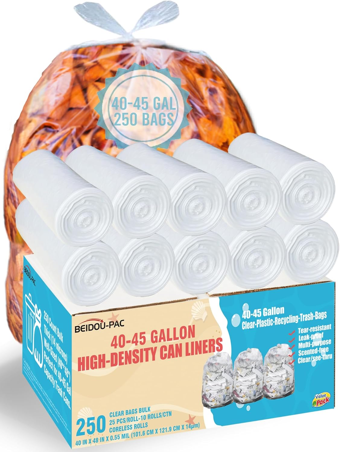 40-45 Gallon Trash Bags, 250 Count Bulk, Heavy Duty Clear Plastic Recycling Garb