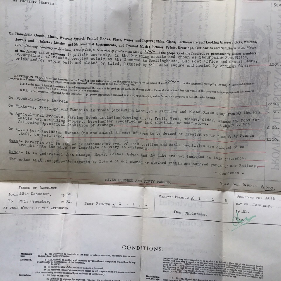 1930 Fire Insurance Policy Albert Samuel Davis Stourpaine Post Office