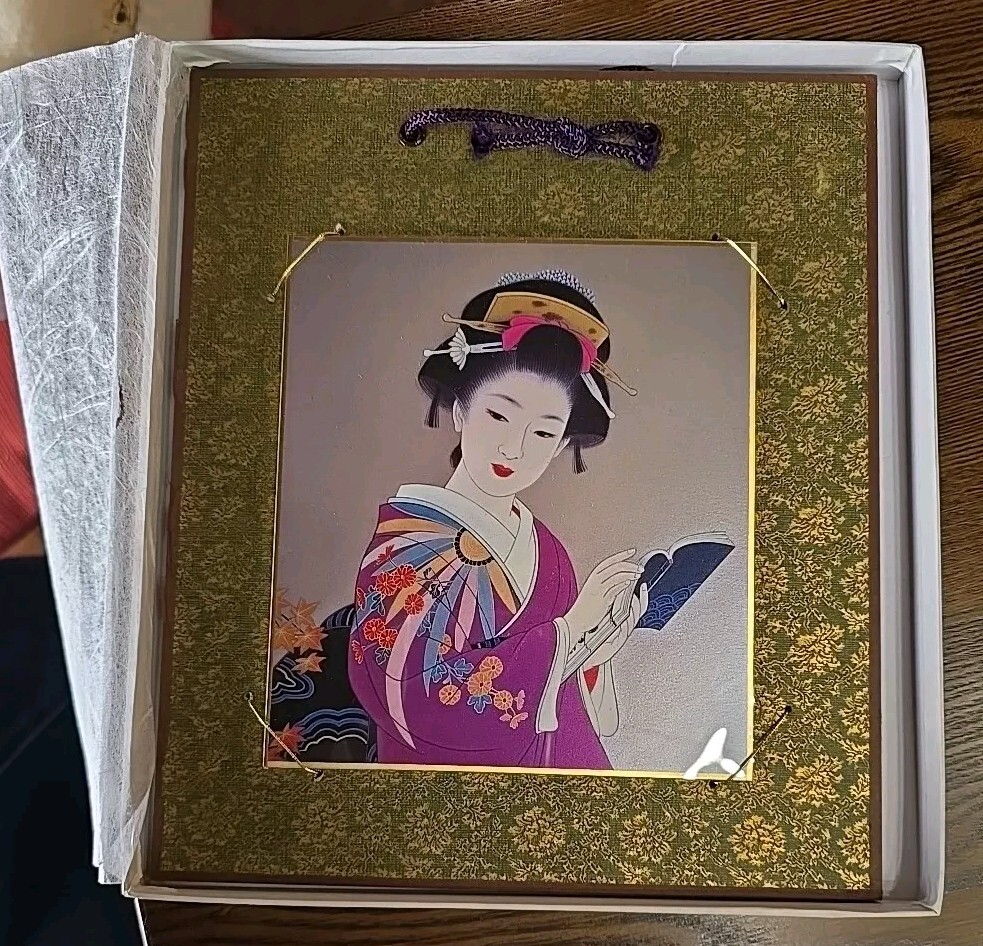 飾り絵　kimono woman Japanese Woman Shikishi Art Woman W/Book Kimono Flowers Wall