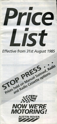 Austin Mini Metro Maestro Montego Rover 200 SD1 + Vans UK Prices 31 August 1985